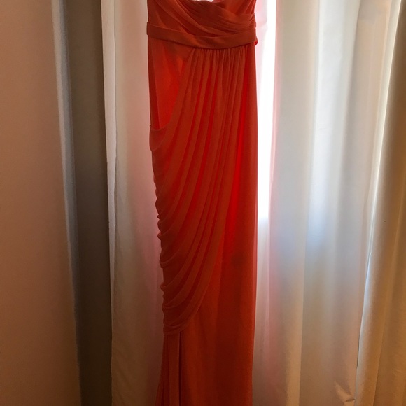 David’s Bridal Long Mesh Bridesmaid Dress (Coral) - Picture 2 of 6